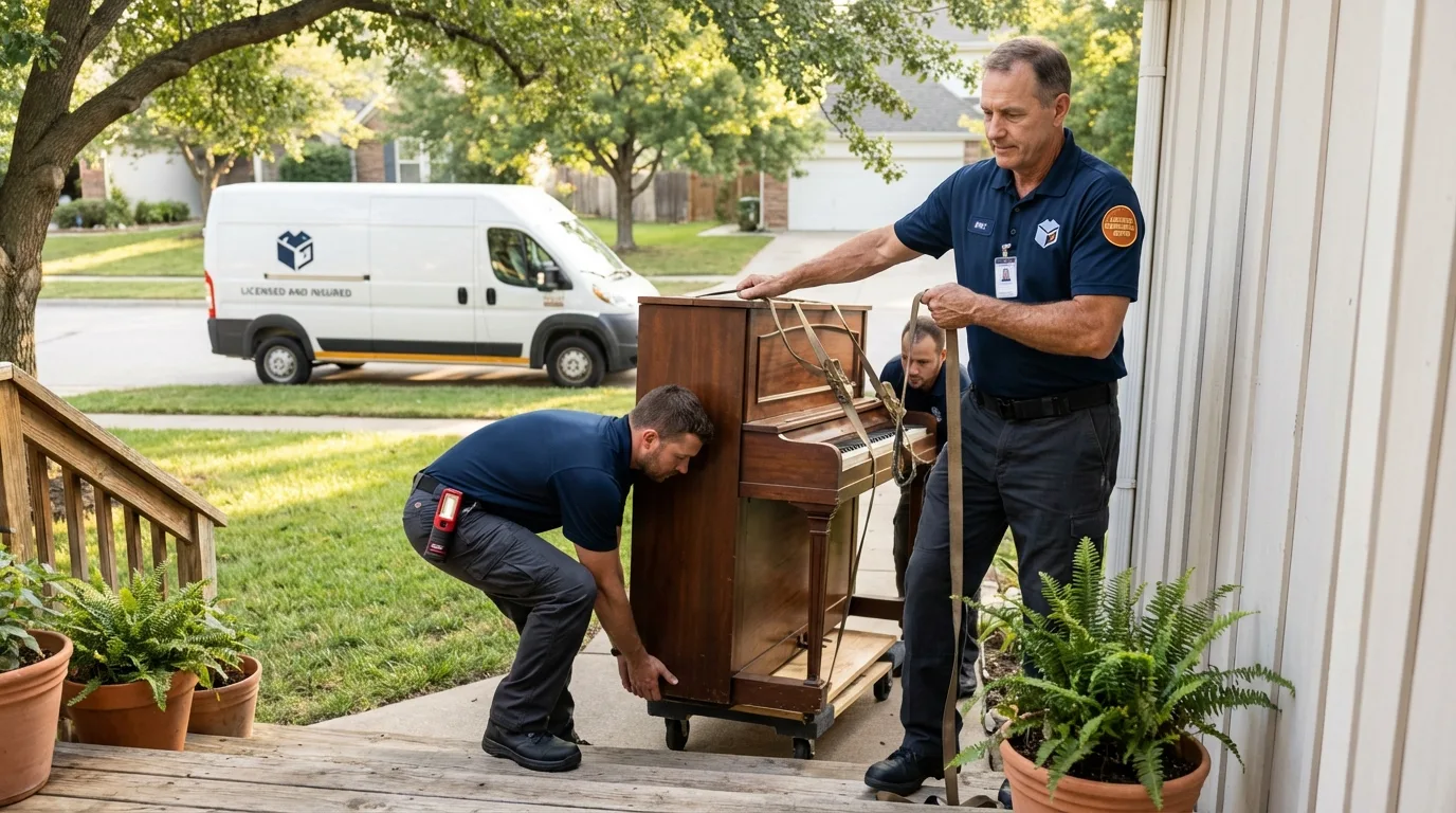Licensed piano movers securing grand piano in Trion, GA